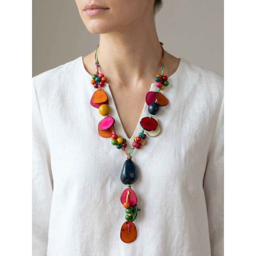 Artisan Tagua Nut & Beaded Long Y-Necklace Vibrant Multicolor Statement